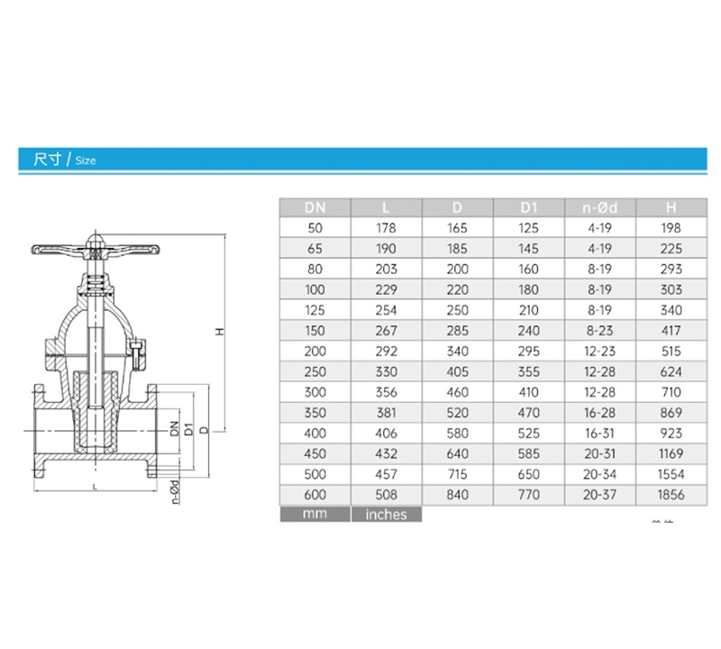  暗杆闸阀型号尺寸对照表